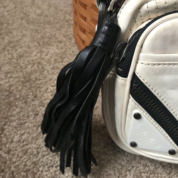 L.A.M.B. White w/Black Zippers Leather Crossbody Bag, Adjustable Strap, Dust Bag - Picture 5 of 16